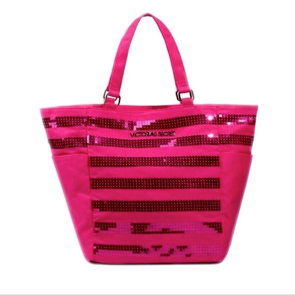 Victoria’s Secret hot pink sequins tote open